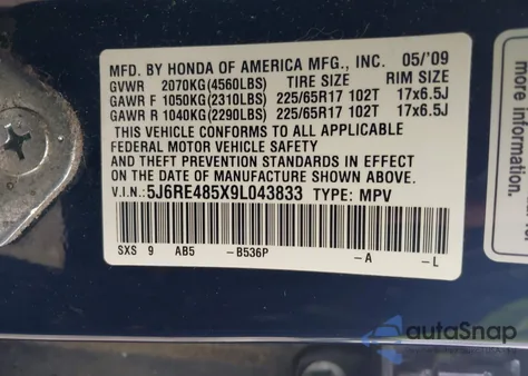 2009 Honda Cr-V Ex from USA, damaged, VIN 5J6RE485X9L043833